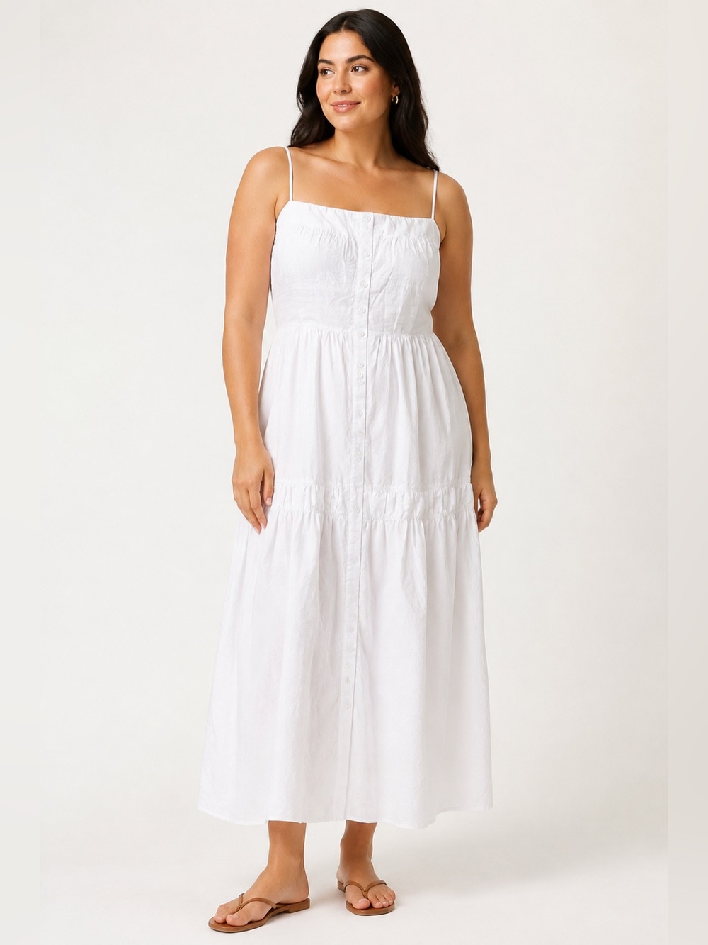 J.Crew White Button Front Tiered Maxi Sundress Smocked Back Size 12